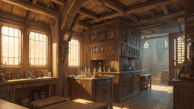 ghibli steampunk studio interior, medieval low fantasy setting
