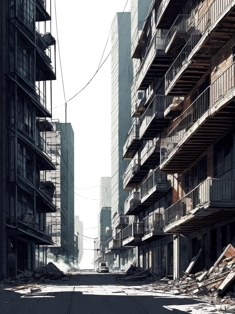 semi realistic, cityscape, perspective, towers, multiple building, (alleyway), power lines, night, (extremely detailed wallpaper:1.3) BREAK nihei tsutomu, Blame!, scenery, (geometric cityscape, ruined cityscape), inside, rubble, apartment complex, abandoned city, (symmetric, cyberpunk), smoke, dust, detailed, illustration, digital painting, (no people, no humans),