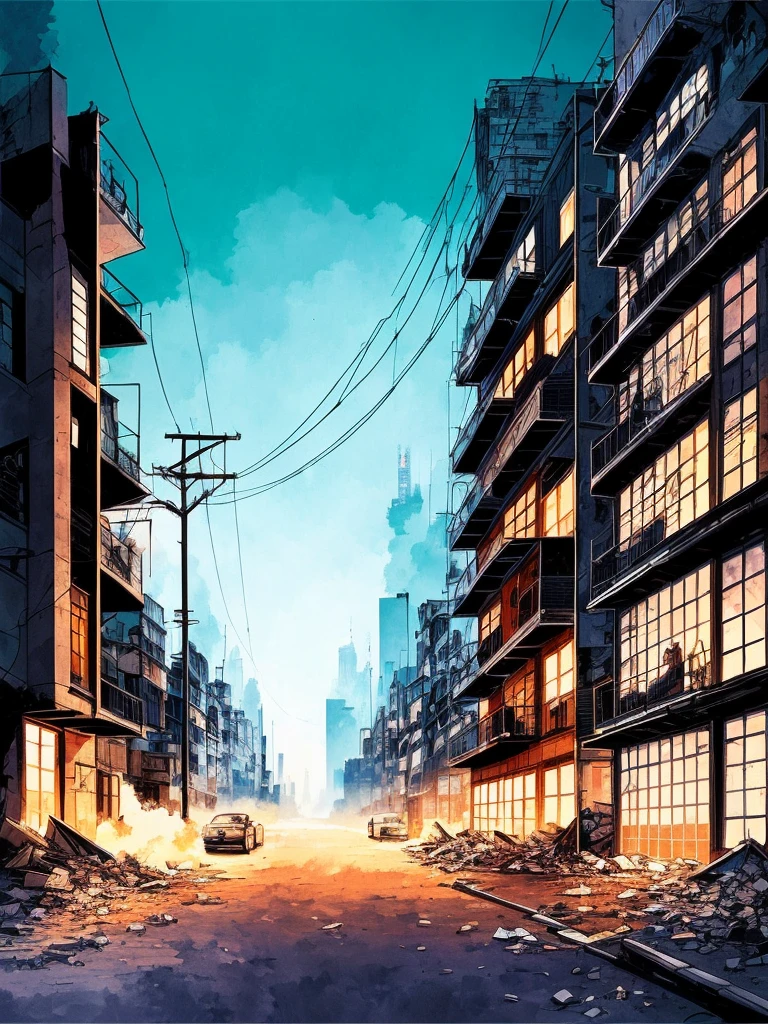 semi realistic, cityscape, perspective, towers, multiple building, (alleyway), power lines, night, (extremely detailed wallpaper:1.3) BREAK nihei tsutomu, Blame!, scenery, (geometric cityscape, ruined cityscape), inside, rubble, apartment complex, abandoned city, (symmetric, cyberpunk), smoke, dust, detailed, illustration, digital painting, (no people, no humans),