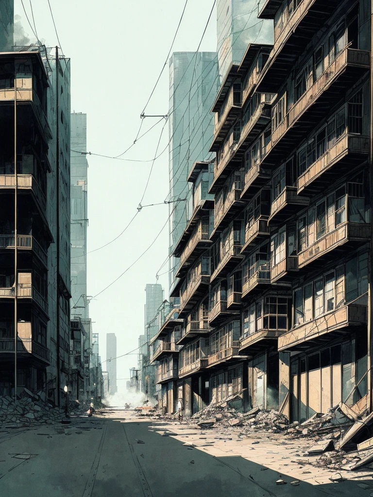 semi realistic, cityscape, perspective, towers, multiple building, (alleyway), power lines, night, (extremely detailed wallpaper:1.3) BREAK nihei tsutomu, Blame!, scenery, (geometric cityscape, ruined cityscape), inside, rubble, apartment complex, abandoned city, (symmetric, cyberpunk), smoke, dust, detailed, illustration, digital painting, (no people, no humans),
