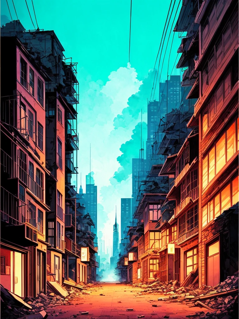 semi realistic, cityscape, perspective, towers, multiple building, (alleyway), power lines, night, (extremely detailed wallpaper:1.3) BREAK nihei tsutomu, Blame!, scenery, (geometric cityscape, ruined cityscape), inside, rubble, apartment complex, abandoned city, (symmetric, cyberpunk), smoke, dust, detailed, illustration, digital painting, (no people, no humans),