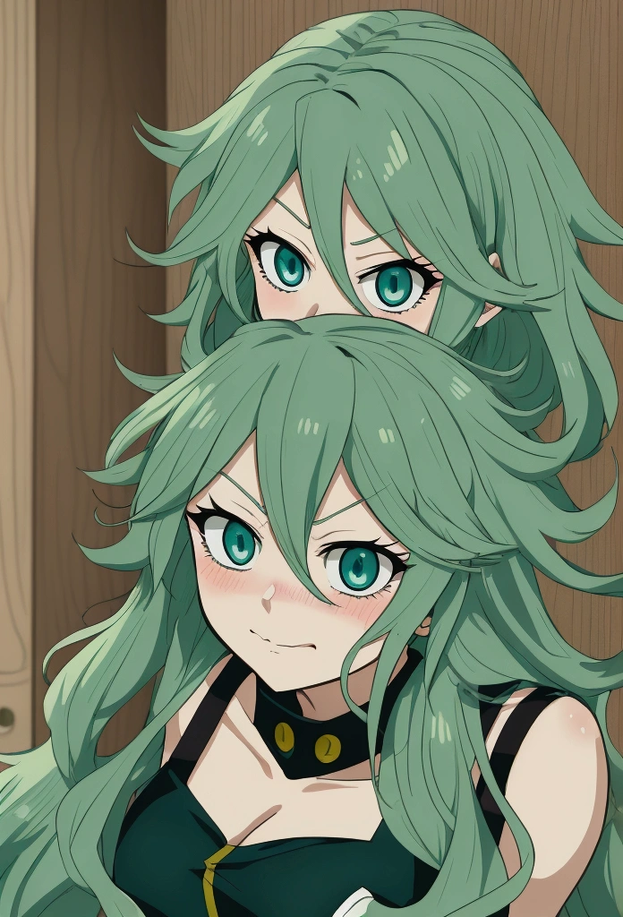 screenshot my hero academia, very beautiful woman, long wavy hair, light green hair, light blue eyes, blushing expression, dress, anime style, my hero academia style