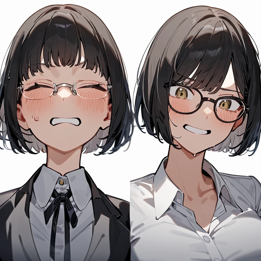 masterpiece, Highest quality, so beautiful, Absurd,
One girl, alone, Black Hair, Bobcut,
Thermont 16A, Glasses,
Collared shirt, Happy,Painful expression、Frowning、View your viewers, Glassesの調整, White Background, Simple Background,