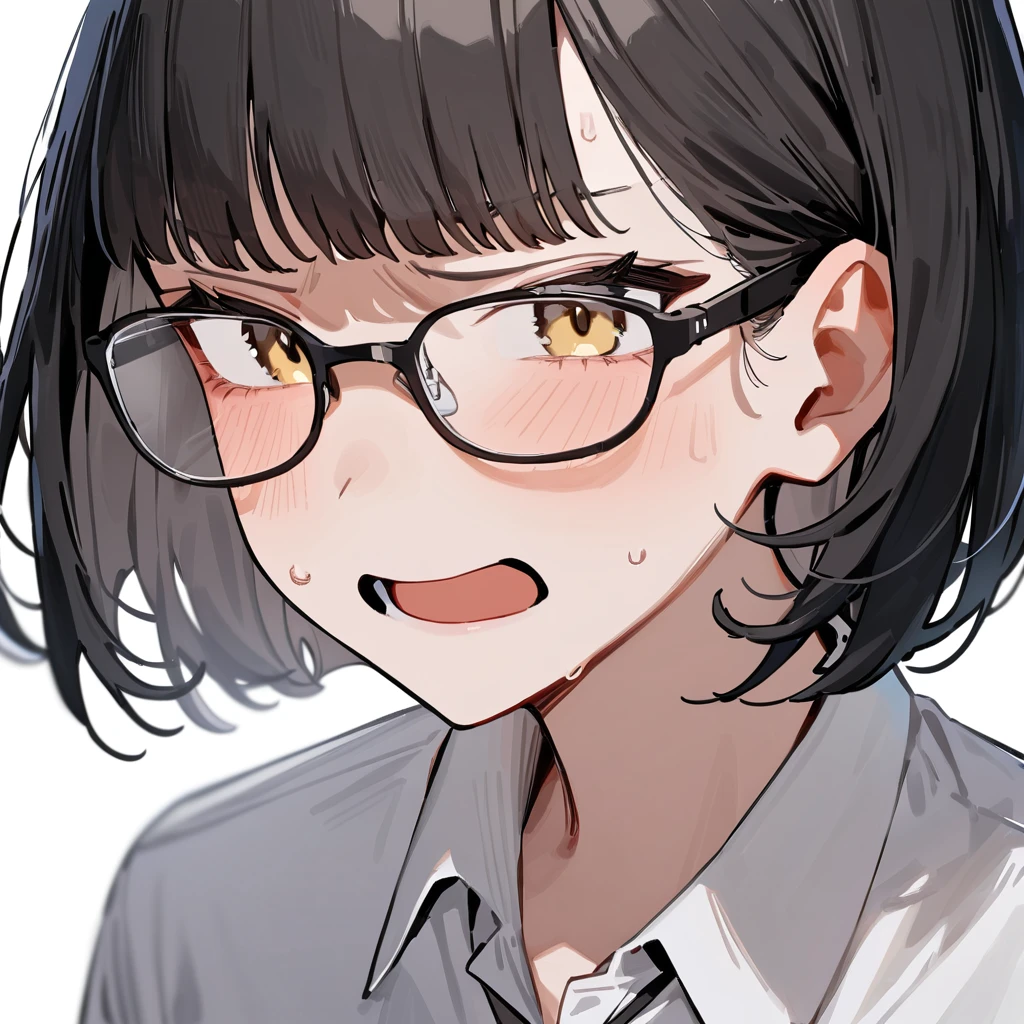 masterpiece, Highest quality, so beautiful, Absurd,
One girl, alone, Black Hair, Bobcut,
Thermont 16A, Glasses, 
Collared shirt, Happy,Painful expression、Frowning、View your viewers, Glassesの調整, White Background, Simple Background,
 