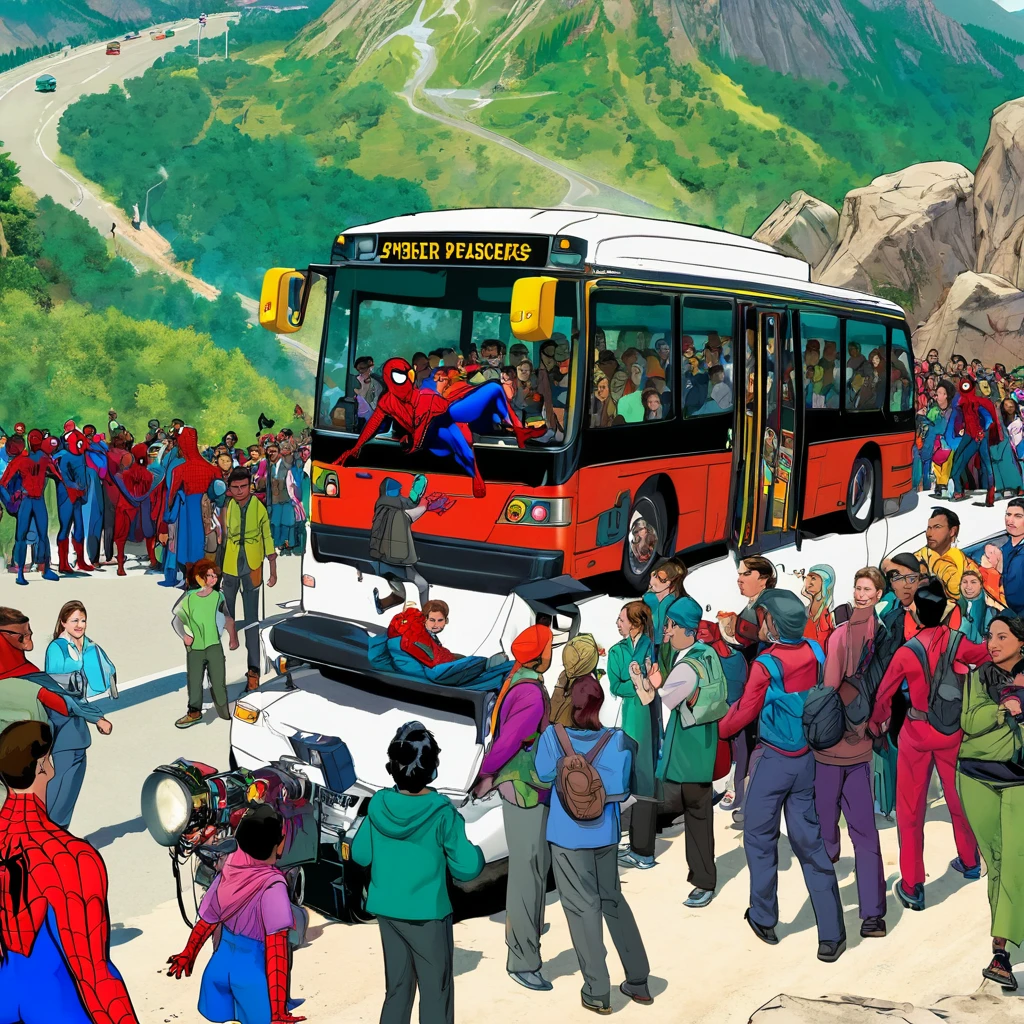 Spider-Man stopping an bus with lot of passengers in an mountain 