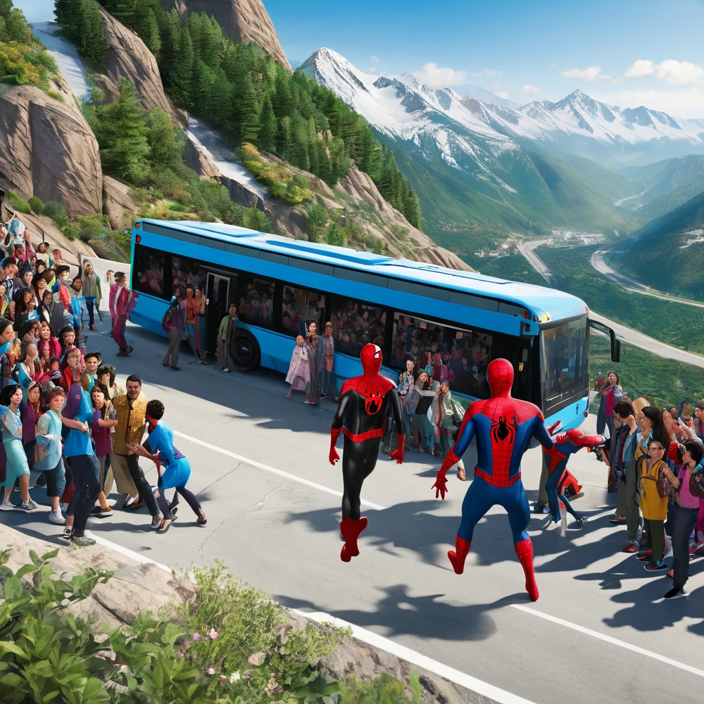 Spider-Man stopping an bus with lot of passengers in an mountain 