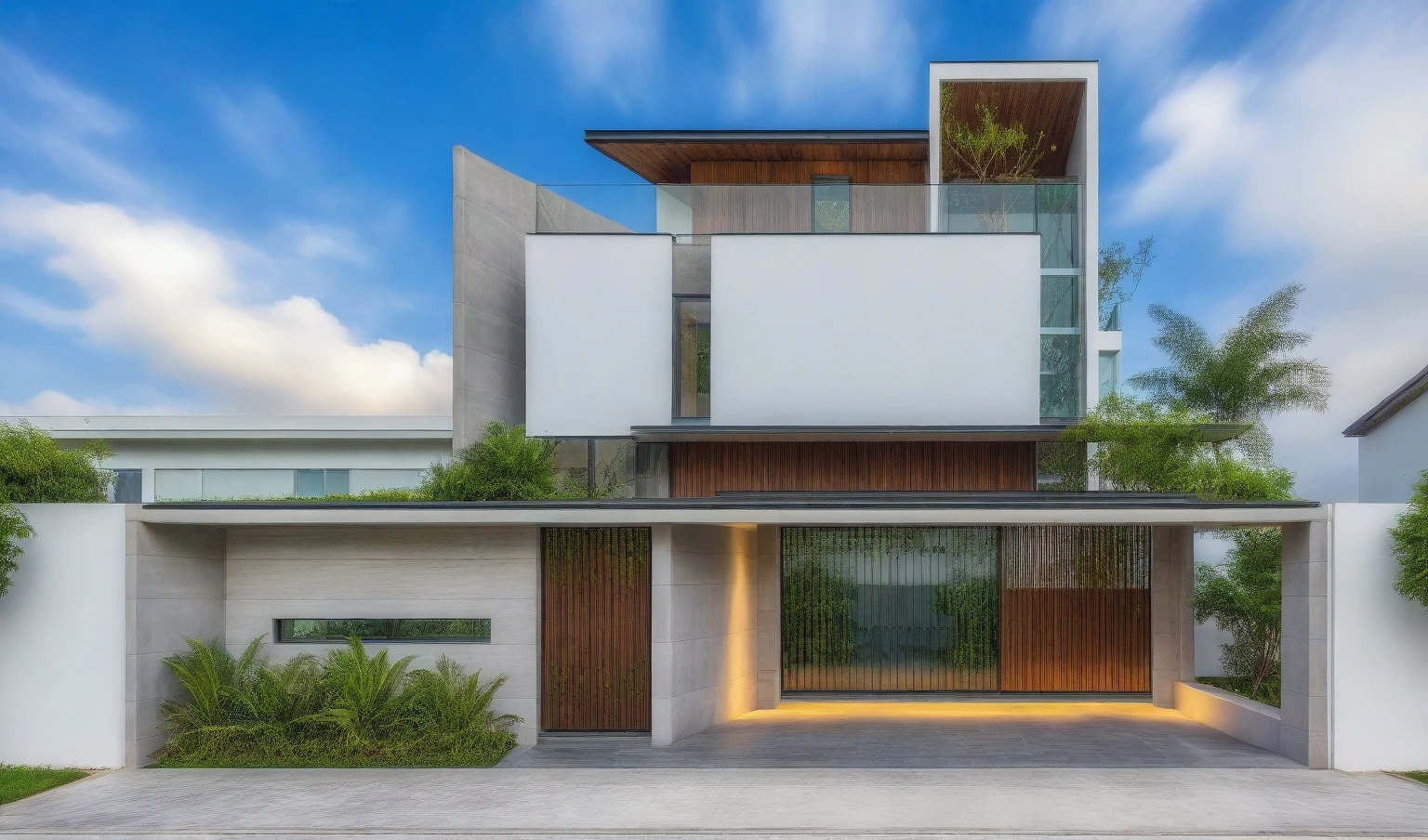 exterior house, contemporary style, white wall, wood wall, steel door, glass window, (realistic:1.2), Masterpiece, high quality, best quality, authentic, super detail, outdoors,road, trees, sky, cloud, (daylight:1.1), modern luxury villa, coconut trees, landscape, along the white beach, clear sky, day time, warm lighting RAW Photo, RAW texture, Super Realistic, 32K UHD, DSLR, soft lighting, high quality, film rating, Fujifilm XT3,Modern, Residential Architecture,  car in front of house
