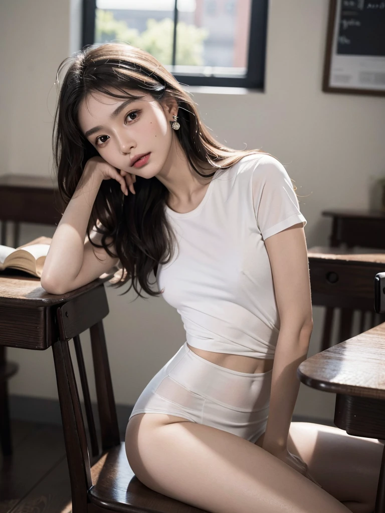 absurdres, RAW photo, extremely delicate and beautiful, masterpiece, Best Quality, ultra high resolution, 32k, hyperrealistic, ultra-detailed, super Detailed skin, 20 years old, very small head, very small face, tearful mole, earring, very huge round breasts, legs, medium hair, full body shot, indoor, school_uniform,