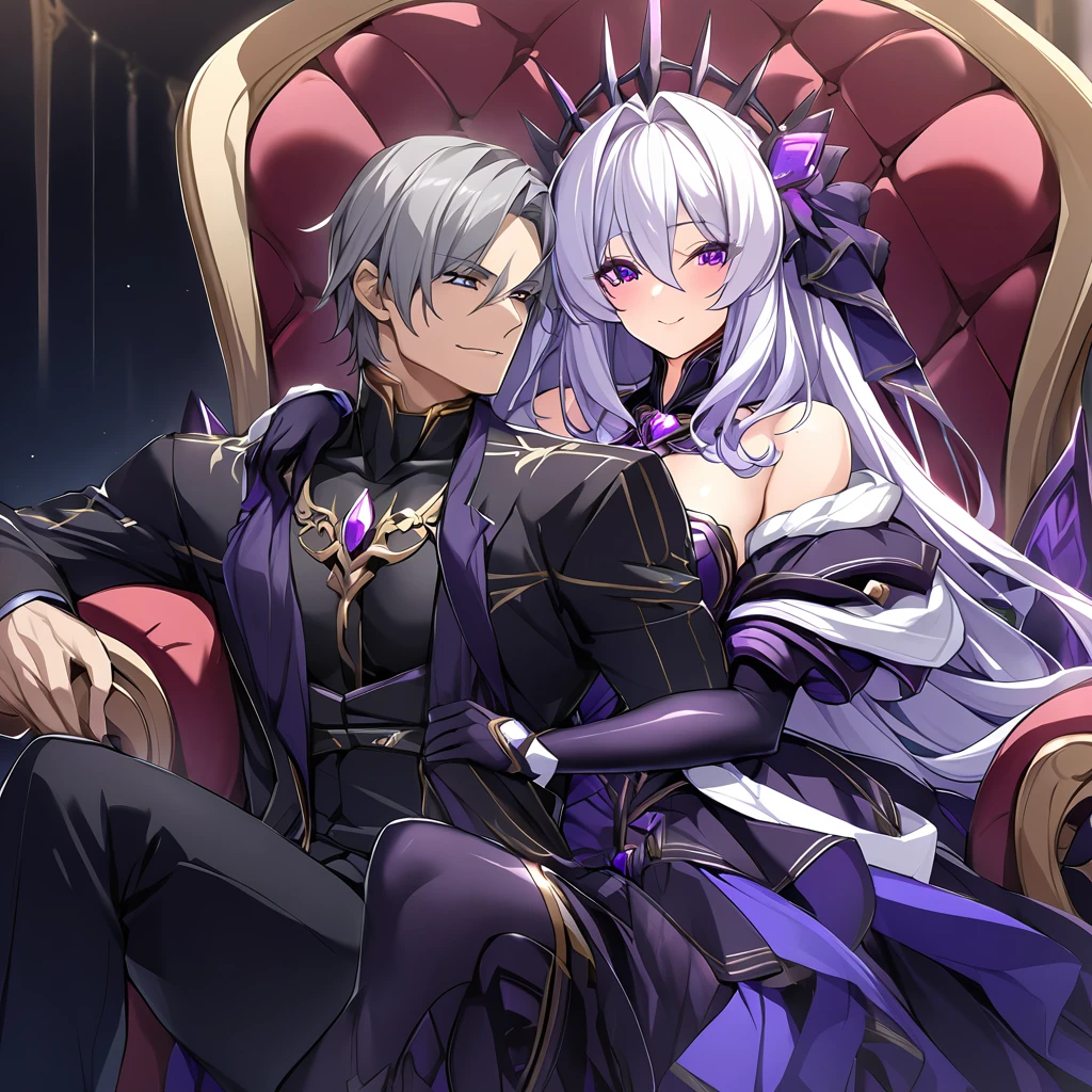 ((Highest quality)), ((masterpiece)), (detailed), (Perfect Face)、The woman is the evil queen Dark Extia, holding a baby, an evil transforming heroine, with medium-long silver hair, wearing a gorgeous evil queen dress with gold embroidery and trim, gorgeous accessories, an engagement ring, and a happy expression as she snuggles up to the man.、The man is the evil king, Naioro, a handsome man with medium-long silver hair, wearing a black bodysuit and embracing a woman.、A man and a woman are sitting close together on a luxurious throne、A man and a woman are a deeply loving couple