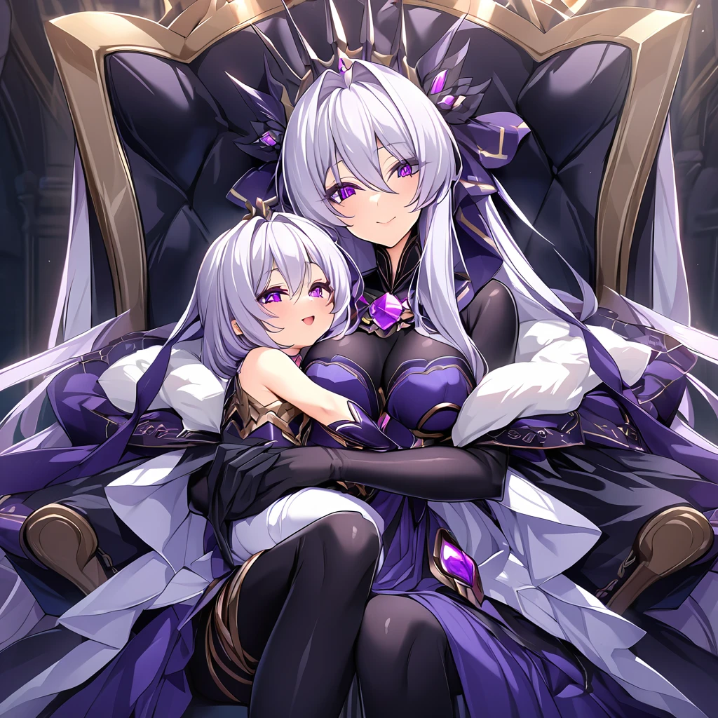 ((Highest quality)), ((masterpiece)), (detailed), (Perfect Face)、The woman is the evil queen Dark Extia, holding a , an evil transforming heroine, with medium-long silver hair, wearing a gorgeous evil queen dress with gold embroidery and trim, gorgeous accessories, an engagement ring, and a happy expression as she snuggles up to the man.、The man is the evil king, Naioro, a handsome man with medium-long silver hair, wearing a black bodysuit and embracing a woman.、A man and a woman are sitting close together on a luxurious throne、A man and a woman are a deeply loving couple