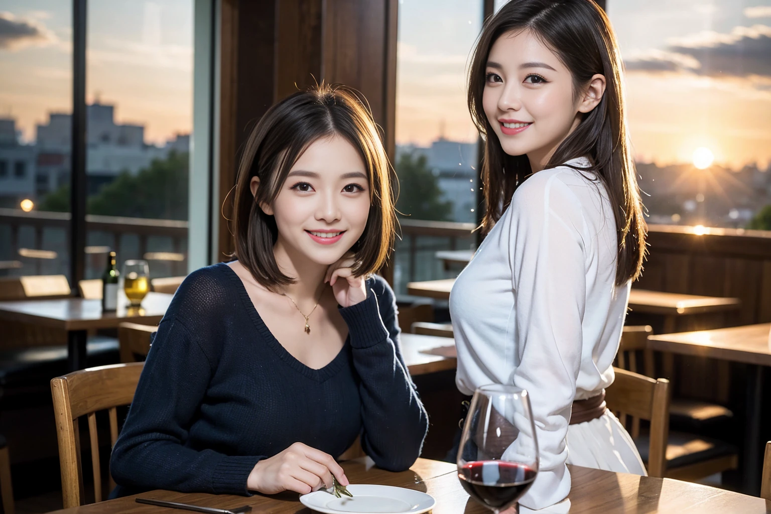 ((Highest quality、8k、masterpiece:1.3))、Shortcuts、cute、slimカップル、modelカップル、actress男優、(Realistic, Intricate details:1.2), full-course dinner、Wine Party、Amazing view of the sunset sky and clouds、A bright smile、short hair,Bright Face、45 years old), 42 years old, red wine 、Appetizers、Italian food、Wine bottle、Champagne、sparkling wine、Two beauties、Brown Hair、Shortcuts、Long sleeve shirt、dress、Beautiful woman 1, (slimな顔), (The body is slim), (Brown Hair), (Shortcuts), cheeks turn a little red,Attractive beauty、restaurant, In a prominent place (From the waist up) Nova Frog Style, actress, model, Upper Body, White wine, slim, wine glass, 中央に置かれたwine glass, smile, (smile: 1.15), Beautiful fine grain, Depth f/2,saturation, High Contrast, Strong light and shadow,Moist Body:1.5、3D texture、Delicate eyes、Brown Hair、The hair is very shiny、