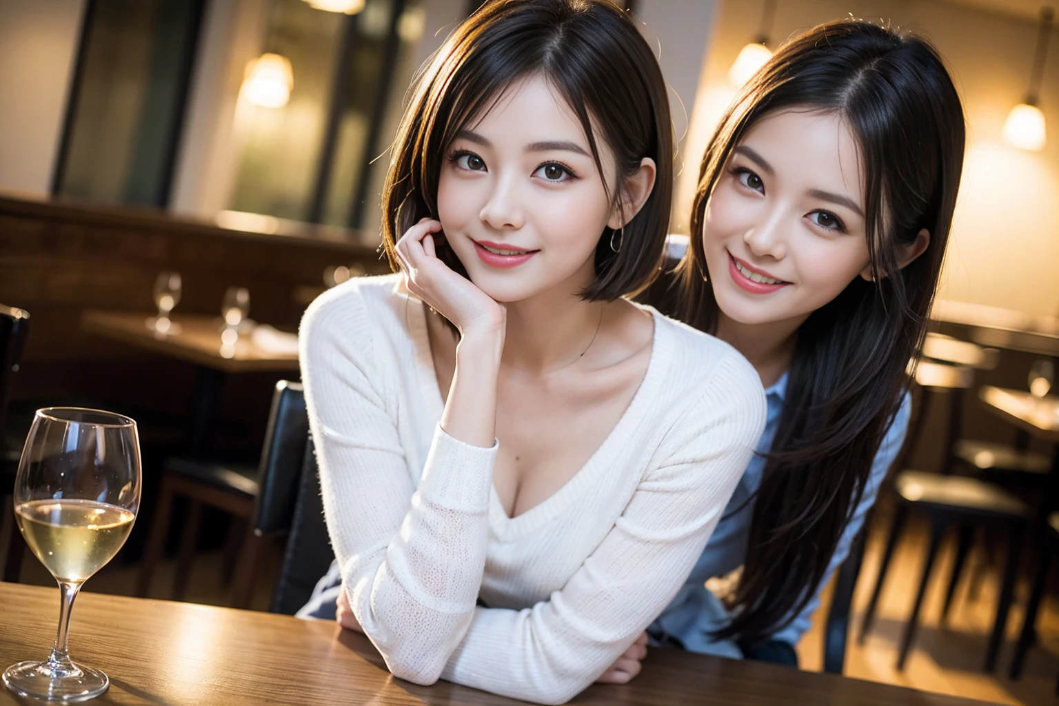 ((Highest quality、8K、masterpiece:1.3))、Shortcuts、cute、slimカップル、modelカップル、actress男優、(Realistic, Intricate details:1.2), full-course dinner、Wine Party、Amazing view of the sunset sky and clouds、A bright smile、short hair,Bright Face、 (Age 36), 42 years old, red wine 、Appetizers、Italian food、Wine bottle、Champagne、sparkling wine、Two beauties、Brown Hair、Shortcuts、Long sleeve shirt、dress、Beautiful woman 1, (slimな顔), (The body is slim), (Brown Hair), (Shortcuts), cheeks turn a little red,Attractive beauty、restaurant, In a prominent place (From the waist up) Nova Frog Style, actress, model, Upper Body, White wine, slim, wine glass, 中央に置かれたwine glass, smile, (smile: 1.15), Beautiful fine grain, Depth f/2,saturation, High Contrast, Strong light and shadow,Moist Body:1.5、3D texture、Delicate eyes、Brown Hair、The hair is very shiny、