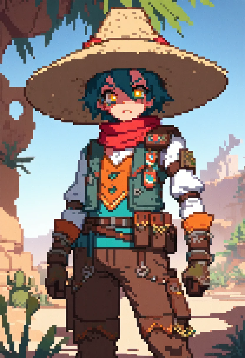 Create digital art inspired by the anime “Lampião” using the following art styles: lineart, digital art and vibrant colors. The lineart must be well defined and clean, highlighting the details of the characters and settings. Use a vibrant color palette that captures the hot and arid atmosphere of the northeastern backlands. Include a high level of detail in character clothing and accessories, reflecting the culture and style of the cangaceiros. Carefully add shadows and lights to give illustrations depth and realism. Art must combine traditional elements with modern digital art techniques, conveying the essence of the anime “Lampião”. Characteristics of the anime Lampião: badass clothing: Lampião wears typical bandit clothes, including wide-brimmed leather hat, waistcoat, leather pants and boots. The details of the clothes are rich, with embroidery and traditional decorations. canons: He carries weapons typical of cangaceiros, like rifles and machetes, which are drawn in detail. Facial expression: Lampião has a determined and fierce expression, with piercing eyes that reflect his courage and leadership. Accessories: He uses accessories like cartridge belts, ammo belts and scarves, all designed with great attention to detail. Scenario: The scenery around Lampião should reflect the northeastern hinterland, with dry vegetation, cacti and a clear sunny sky.