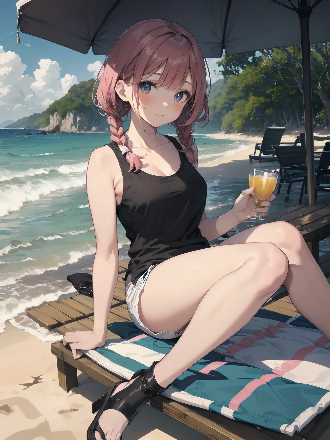 (Masterpiece: 1.2), (Best quality: 1.2), high resolution, detailed. BREAK. ((Cute girl with red hair in twin braids)), (1, pink tank top and shorts, , content expression: 1.3), drinking cold lemonade with straw, lying on beach towel. BREAK. Sunny beach, large umbrella, sandy beach, ocean with gentle waves, people playing in water. BREAK. ((Bright sunlight)), shimmering water, small portable fan nearby. BREAK. ((Positive: 1.3)). BREAK. Cheerful digital illustration, beach vacation mood