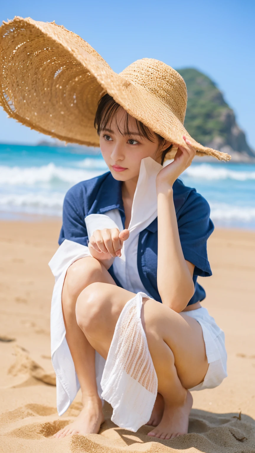(((Top-down configuration:1.33)))、((No underwear:1.55))、One Girl、Beautiful and detailed eyes and face、barefoot、20 year old cute Japan woman, ((Extremely precise and accurate anatomy:1.0)), (photo Realistic:1.4), (hyper Realistic:1.4), (最高品質のRealisticな肌の質感:1.4), (Improvement of quality:1.4), (Enhances the beauty of skin texture:1.1), Clean and glowing skin, mesh, thin:1.2, (Realistic:1.3), Realisticなライティング, (Smoother lighting:1.05), (Improving the quality of cinema lighting:0.9), Backlight, A gentle light on your face, Ray Tracing, (Bright light:1.2), 32k, One Japanese woman, fine grain, Detailed face, (Film Grain:1.1),(Accentuates body lines:1.1), High resolution, Natural look, Kind eyes, Improves hair quality, Delicate light and shadow, Transparent muscles, Graceful pose, Beautiful Eyes, Sharp details, Soft light reflection, Beautiful contours, Delicate skin tone, Fine hair texture, Natural background, (((sunny day、Beach、A strong wind is blowing、Her hair and skirt are flying、Squat, Traditional navy blue sailor uniform、Open shirt、Pleated skirt、Scooping seawater with hands:1.25、splash、Sandy Beach、Light of the sun、clear blue sea、The waves crash quietly、Blue sky and white clouds、green mountain々、Beautiful Nature、The joys of youth)))、