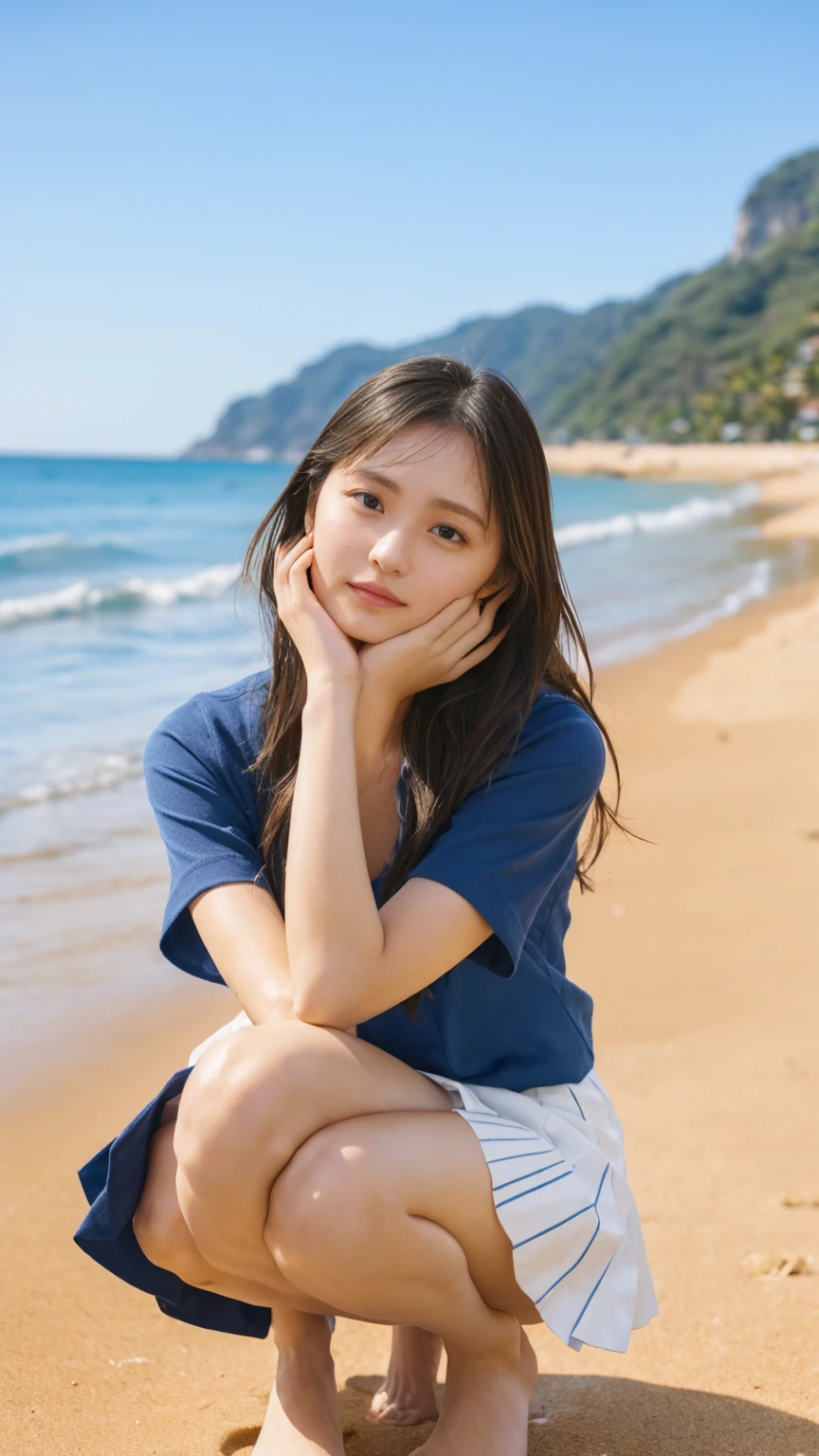 (((Top-down configuration:1.33)))、((No underwear:1.55))、One Girl、Beautiful and detailed eyes and face、barefoot、20 year old cute Japan woman, ((Extremely precise and accurate anatomy:1.0)), (photo Realistic:1.4), (hyper Realistic:1.4), (最高品質のRealisticな肌の質感:1.4), (Improvement of quality:1.4), (Enhances the beauty of skin texture:1.1), Clean and glowing skin, mesh, thin:1.2, (Realistic:1.3), Realisticなライティング, (Smoother lighting:1.05), (Improving the quality of cinema lighting:0.9), Backlight, A gentle light on your face, Ray Tracing, (Bright light:1.2), 32k, One Japanese woman, fine grain, Detailed face, (Film Grain:1.1),(Accentuates body lines:1.1), High resolution, Natural look, Kind eyes, Improves hair quality, Delicate light and shadow, Transparent muscles, Graceful pose, Beautiful Eyes, Sharp details, Soft light reflection, Beautiful contours, Delicate skin tone, Fine hair texture, Natural background, (((sunny day、Beach、A strong wind is blowing、Her hair and skirt are flying、Squat, Traditional navy blue sailor uniform、Open shirt、Pleated skirt、Scooping seawater with hands:1.25、splash、Sandy Beach、Light of the sun、clear blue sea、The waves crash quietly、Blue sky and white clouds、green mountain々、Beautiful Nature、The joys of youth)))、