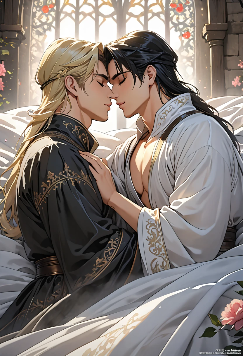 2 sexy males 25 year old, anime elves in a sensual pose medieval poster bed kissing under the sheer sheets, kissing each other, long blond/black hair, perfect intimate position, perfect composition, perfect hands and face, masterpiece, black/white color, UHD, 32k,