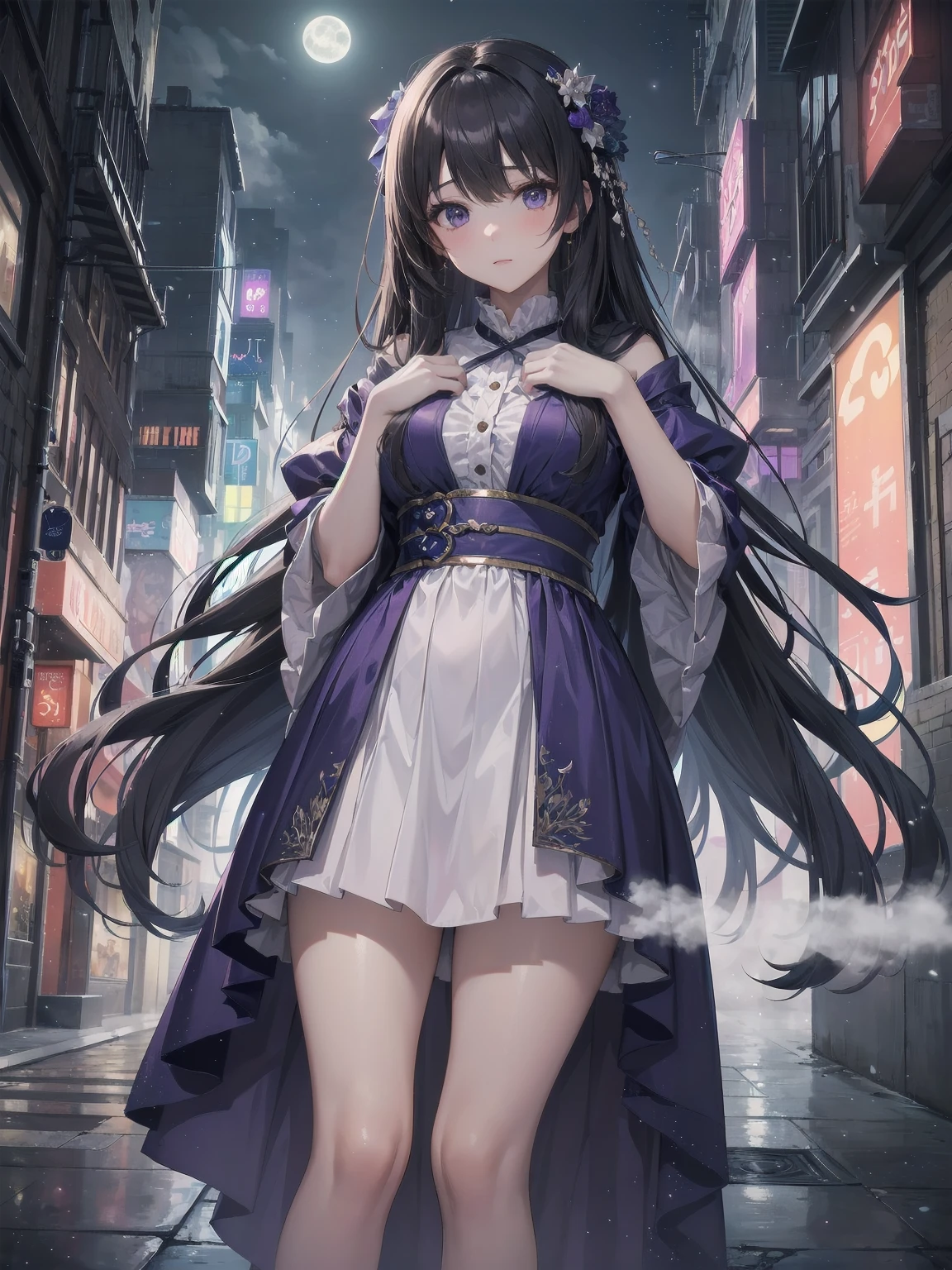 masterpiece, 8k, Highest quality, Very detailed, Purple & A beautiful girl in a blue magical robe with a moon motif、Close-up on the characters、(building, city、A dense fog of fluorescent particles、１８００Era、Western style、Fiction、grow、Overwhelming、Detailed street）、A pretty woman with a beautiful background and a lovely pose
