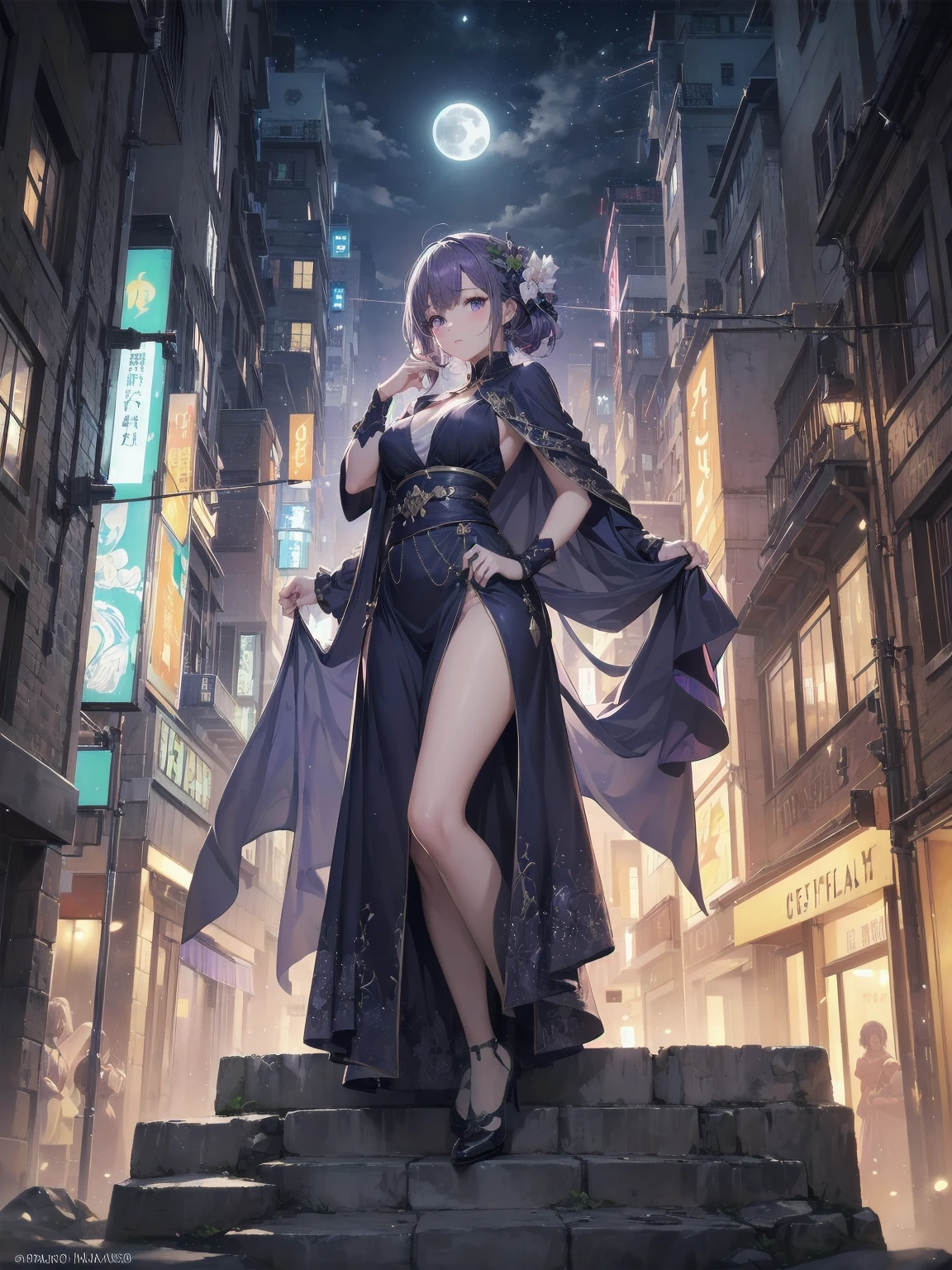 masterpiece, 8k, Highest quality, Very detailed, Purple & A beautiful girl in a blue magical robe with a moon motif、Close-up on the characters、(building, city、A dense fog of fluorescent particles、１８００Era、Western style、Fiction、grow、Overwhelming、Detailed street）、A pretty woman with a beautiful background and a lovely pose