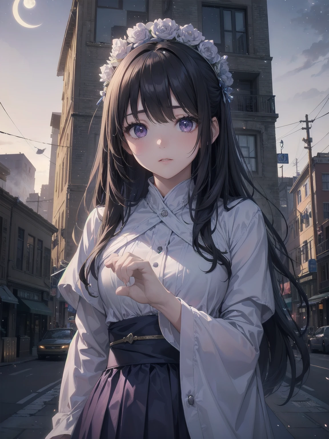 masterpiece, 8k, Highest quality, Very detailed, Purple & A beautiful girl in a blue magical robe with a moon motif、Close-up on the characters、(building, city、A dense fog of fluorescent particles、１８００Era、Western style、Fiction、grow、Overwhelming、Detailed street）、A pretty woman with a beautiful background and a lovely pose