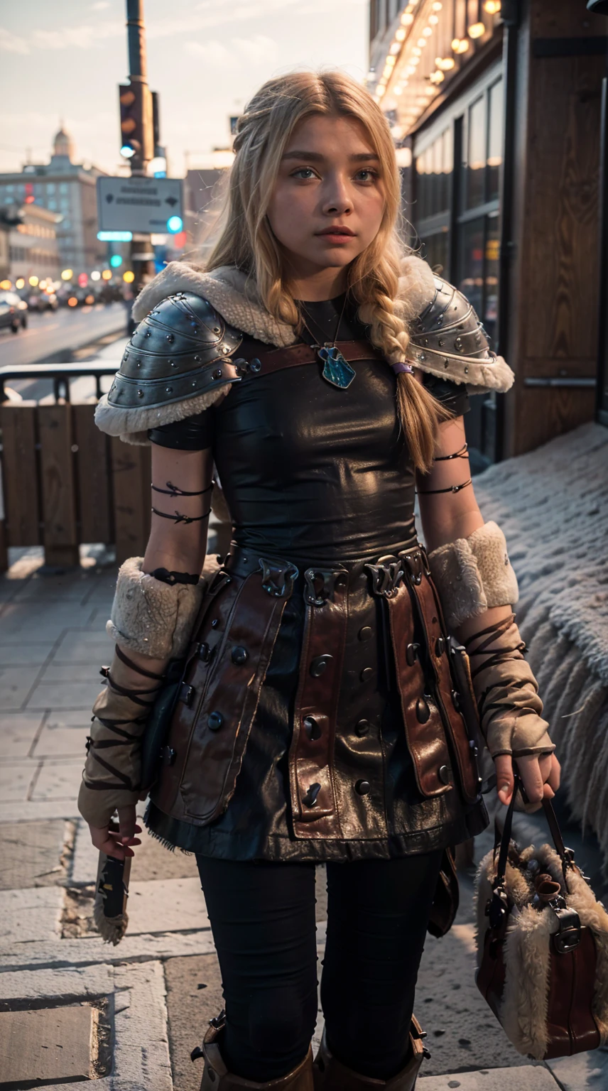 Masterpiece, Best quality,, (photorealistic1.4), (UHD), (epiCRealLife), (flashphoto),, (photorealistic1.4), (Chloe Grace Moretz), (chl03gm), (Astrid Hofferson Costume), (astrid_Character), (Astrid Armor) (AstridWaifu), (cowboy shots), (outdoor), (at night)