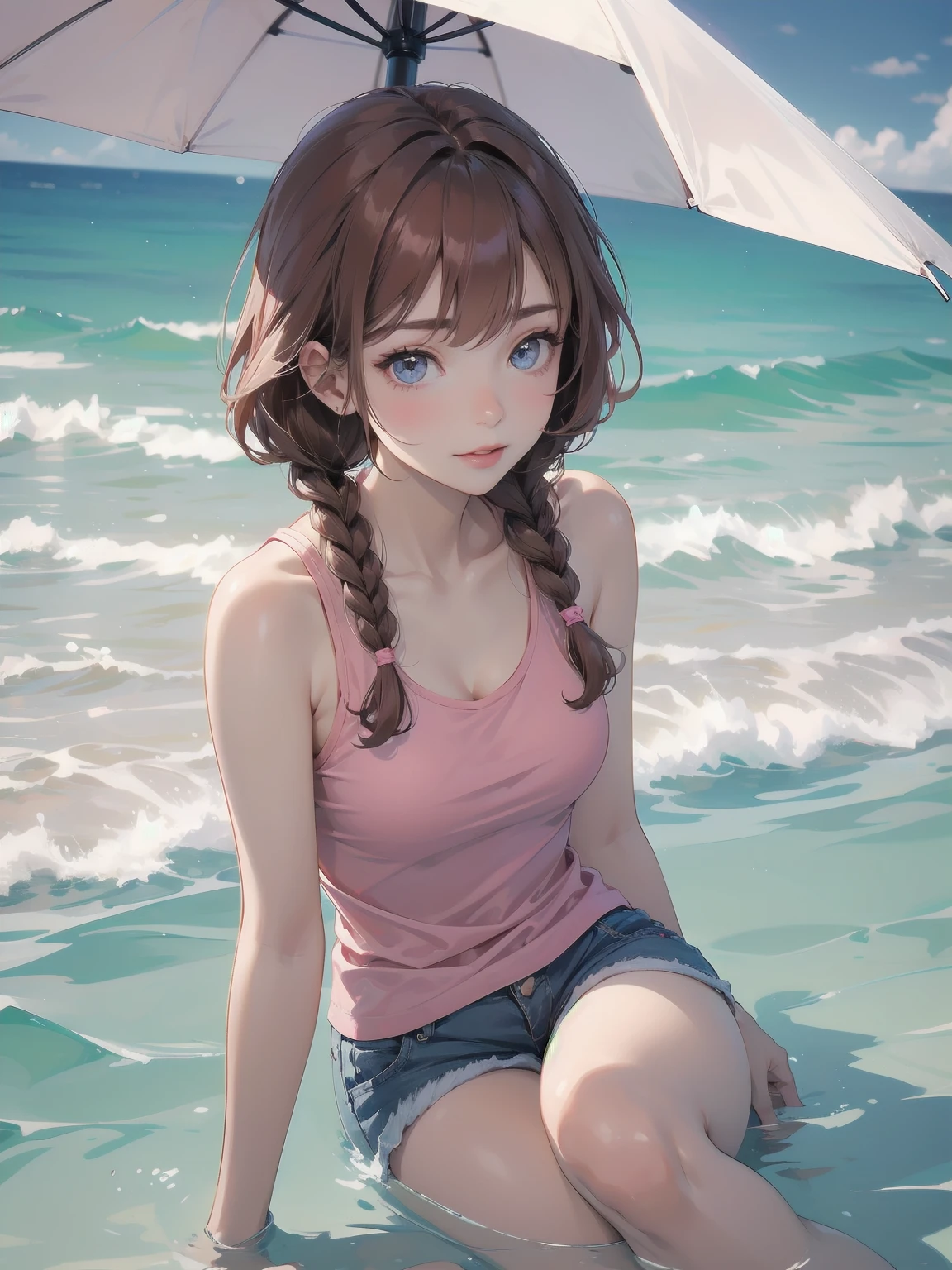 (Masterpiece: 1.2), (Best quality: 1.2), high resolution, detailed. BREAK. ((Cute girl with red hair in twin braids)), (1, pink tank top and shorts, , content expression: 1.3), drinking cold lemonade with straw, lying on beach towel. BREAK. Sunny beach, large umbrella, sandy beach, ocean with gentle waves, people playing in water. BREAK. ((Bright sunlight)), shimmering water, small portable fan nearby. BREAK. ((Positive: 1.3)). BREAK. Cheerful digital illustration, beach vacation mood