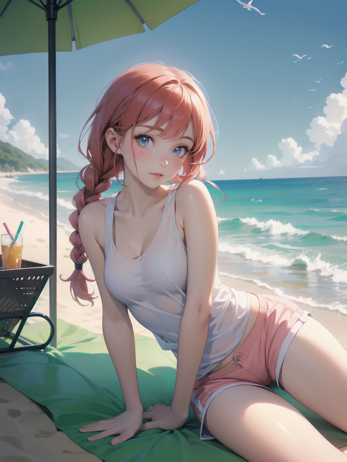 (Masterpiece: 1.2), (Best quality: 1.2), high resolution, detailed. BREAK. ((Cute girl with red hair in twin braids)), (1, pink tank top and shorts, , content expression: 1.3), drinking cold lemonade with straw, lying on beach towel. BREAK. Sunny beach, large umbrella, sandy beach, ocean with gentle waves, people playing in water. BREAK. ((Bright sunlight)), shimmering water, small portable fan nearby. BREAK. ((Positive: 1.3)). BREAK. Cheerful digital illustration, beach vacation mood