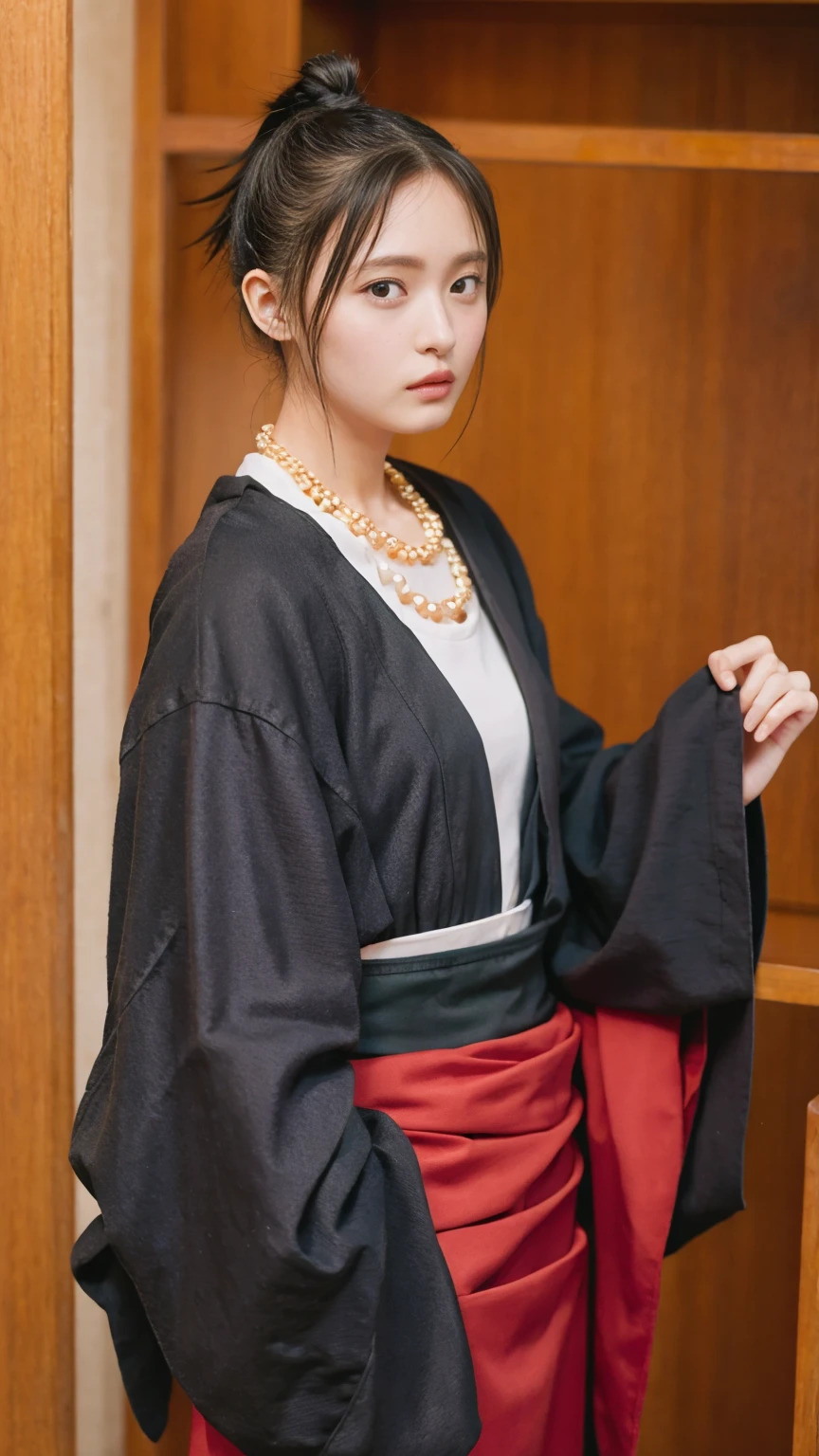 High resolution, Sharp focus, pixiv masterpiece, ((Intricate details)), Very detailed, yasuri_shichika, 1人のmaleの子, male, striped bead necklace, Black Hair, (Spiked Hair:1.1), ponytail, Very long hair, Red clothes, Red open dress, Simple Kimono, In the same way