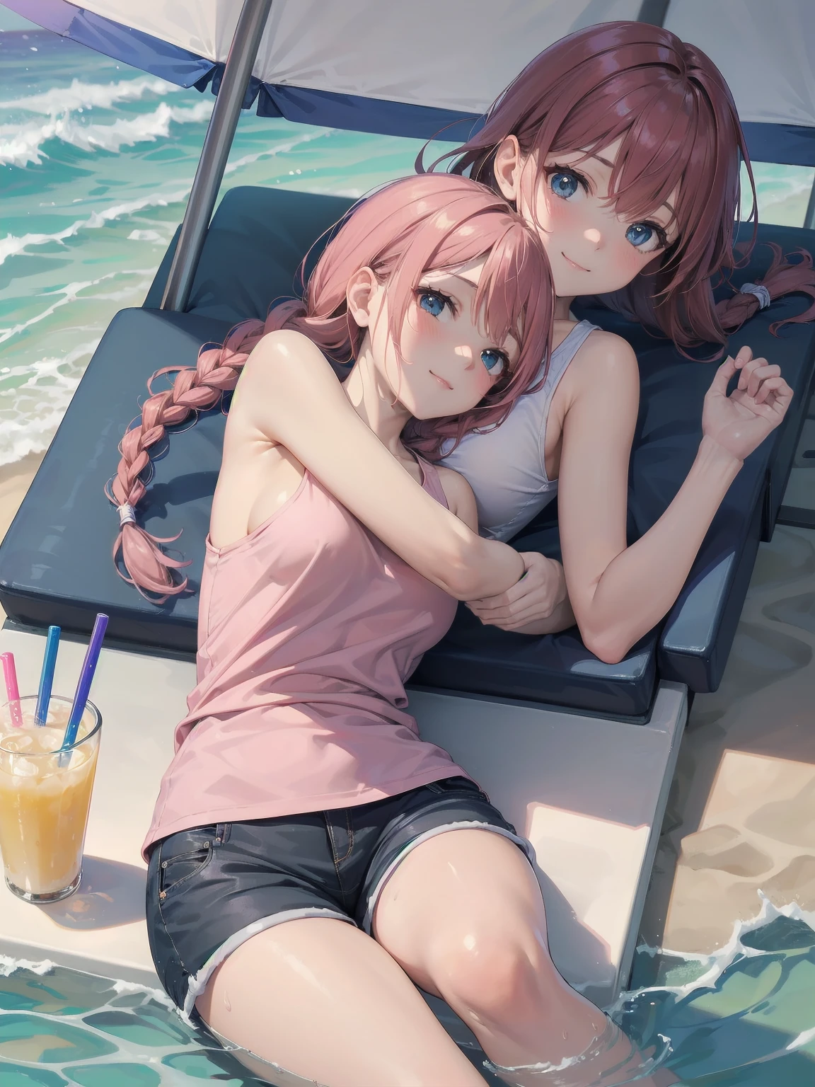 (Masterpiece: 1.2), (Best quality: 1.2), high resolution, detailed. BREAK. ((Cute girl with red hair in twin braids)), (1, pink tank top and shorts, , content expression: 1.3), drinking cold lemonade with straw, lying on beach towel. BREAK. Sunny beach, large umbrella, sandy beach, ocean with gentle waves, people playing in water. BREAK. ((Bright sunlight)), shimmering water, small portable fan nearby. BREAK. ((Positive: 1.3)). BREAK. Cheerful digital illustration, beach vacation mood