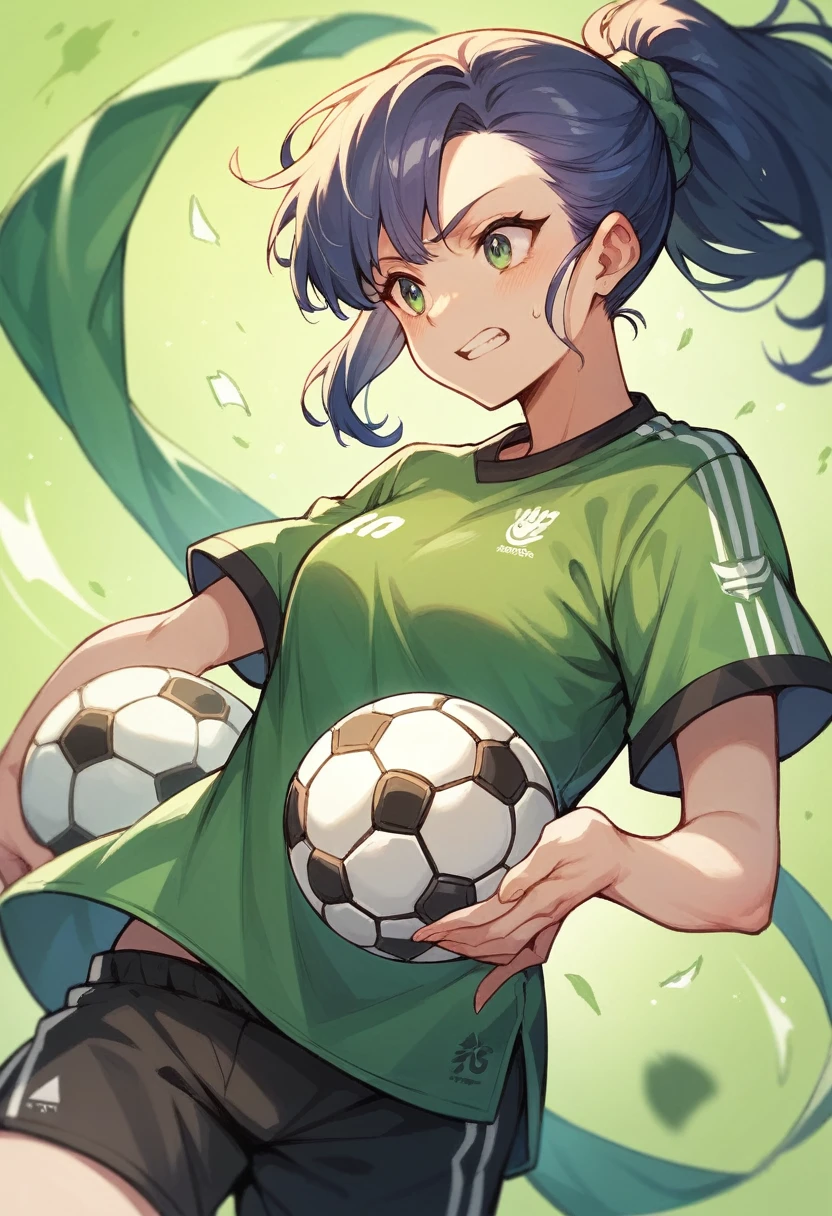 girl with green and yellow sports soccer set, holding a soccer ball