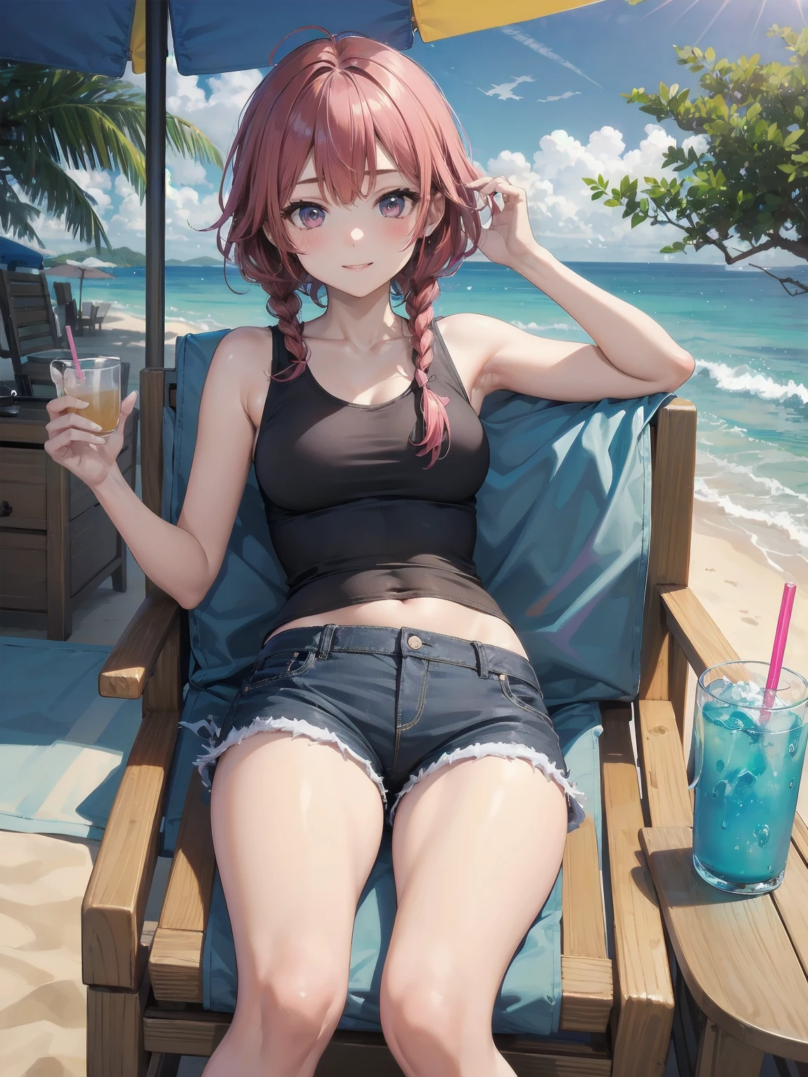 (Masterpiece: 1.2), (Best quality: 1.2), high resolution, detailed. BREAK. ((Cute girl with red hair in twin braids)), (1, pink tank top and shorts, , content expression: 1.3), drinking cold lemonade with straw, lying on beach towel. BREAK. Sunny beach, large umbrella, sandy beach, ocean with gentle waves, people playing in water. BREAK. ((Bright sunlight)), shimmering water, small portable fan nearby. BREAK. ((Positive: 1.3)). BREAK. Cheerful digital illustration, beach vacation mood