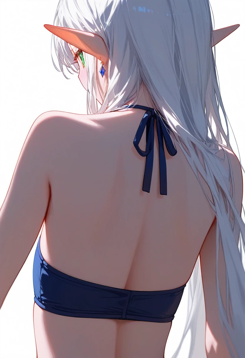 1girl, solo, Frieren, white hair, long hair, pointy ears, green eyes, from behind, facing away, close-up, bare shoulders, swimsuit, bikini, earrings, back view, back covered by hair, arms on sides, upper body, white background, simple background, masterpiece, score_9, score_8_up, score_7_up, different views, different angles, magic