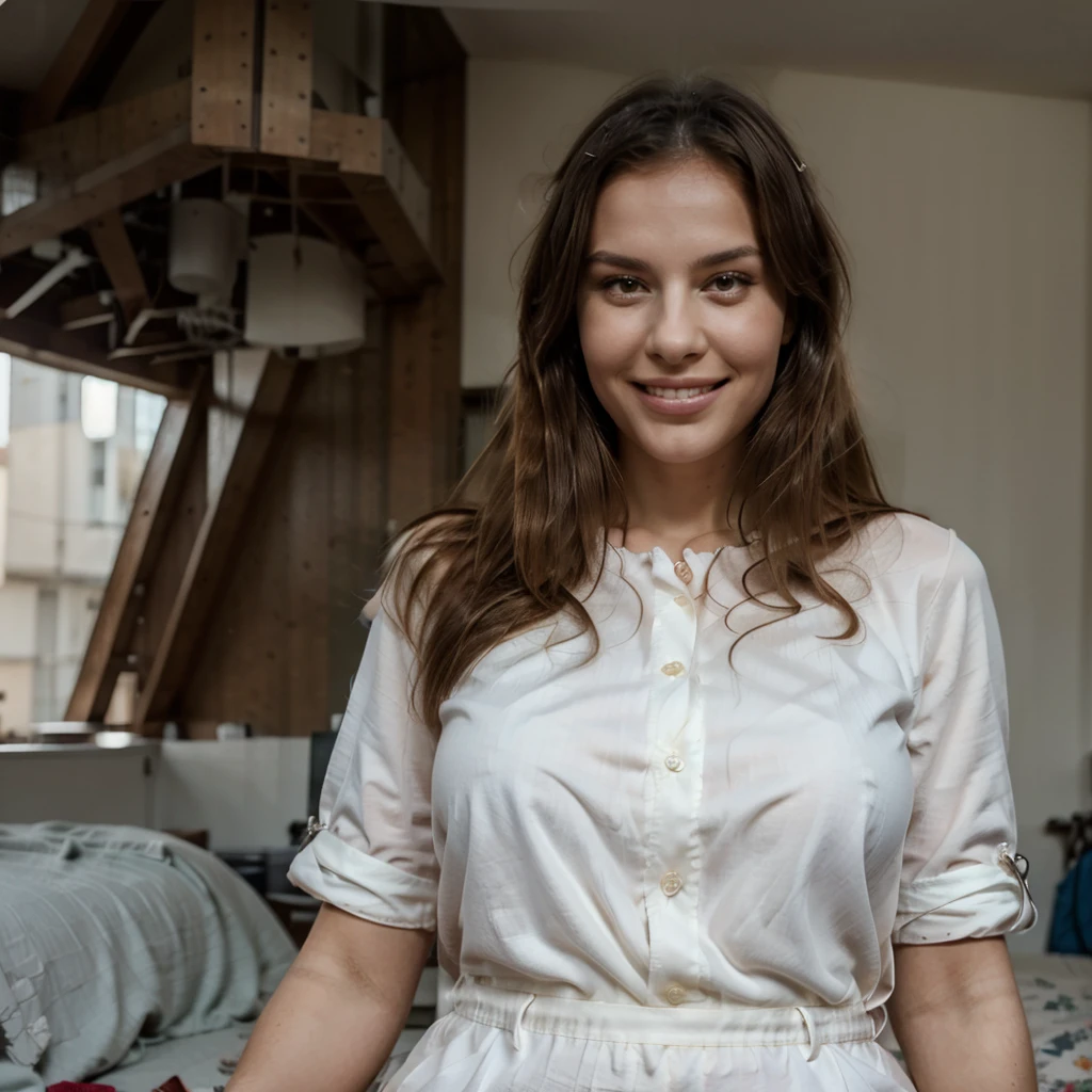 (best quality, 4k, 8k, high resolution, masterpiece: 1.2), ultra-detailed, (realistic, photorealistic, photorealistic: 1.37), 1 22-year-old brunette woman, athletic body, in pajamas on the bed, in night, detailed shadows, big breasts, pajamas, perfect hands, provocative look, sarcastic smile in the corner of the mouth, bigger front teeth, mini blouse, dressed