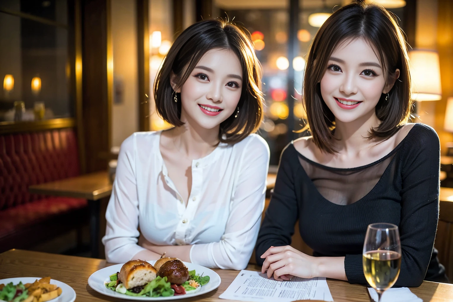 ((Highest quality、8k、masterpiece:1.3))、Shortcuts、cute、slimカップル、modelカップル、actress男優、(Realistic, Intricate details:1.2), full-course dinner、Wine Party、Amazing view of the sunset sky and clouds、A bright smile、short hair,Bright Face、45 years old), 42 years old, red wine 、Appetizers、Italian food、Wine bottle、Champagne、sparkling wine、Two beauties、Brown Hair、Shortcuts、Long sleeve shirt、dress、Beautiful woman 1, (slimな顔), (The body is slim), (Brown Hair), (Shortcuts), cheeks turn a little red,Attractive beauty、restaurant, In a prominent place (From the waist up) Nova Frog Style, actress, model, Upper Body, White wine, slim, wine glass, 中央に置かれたwine glass, smile, (smile: 1.15), Beautiful fine grain, Depth f/2,saturation, High Contrast, Strong light and shadow,Moist Body:1.5、3D texture、Delicate eyes、Brown Hair、The hair is very shiny、