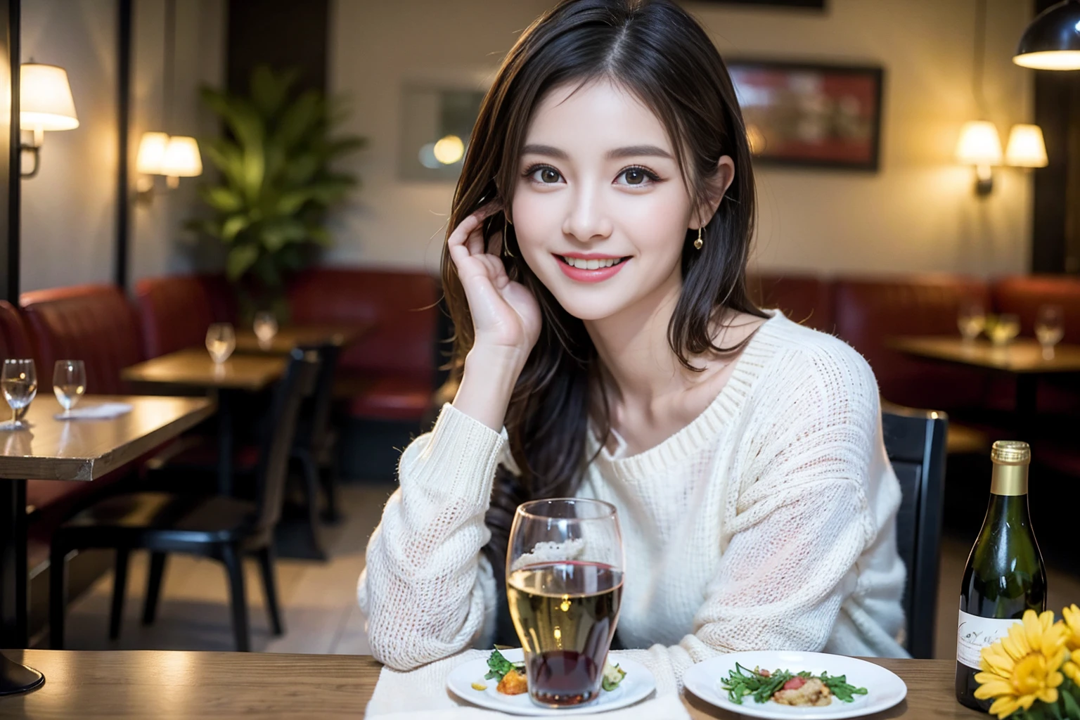 ((Highest quality、8k、masterpiece:1.3))、Shortcuts、cute、slimカップル、modelカップル、actress男優、(Realistic, Intricate details:1.2), full-course dinner、Wine Party、Amazing view of the sunset sky and clouds、A bright smile、short hair,Bright Face、45 years old), 42 years old, red wine 、Appetizers、Italian food、Wine bottle、Champagne、sparkling wine、Two beauties、Brown Hair、Shortcuts、Long sleeve shirt、dress、Beautiful woman 1, (slimな顔), (The body is slim), (Brown Hair), (Shortcuts), cheeks turn a little red,Attractive beauty、restaurant, In a prominent place (From the waist up) Nova Frog Style, actress, model, Upper Body, White wine, slim, wine glass, 中央に置かれたwine glass, smile, (smile: 1.15), Beautiful fine grain, Depth f/2,saturation, High Contrast, Strong light and shadow,Moist Body:1.5、3D texture、Delicate eyes、Brown Hair、The hair is very shiny、