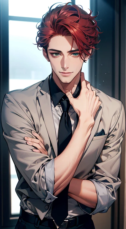 (Highest quality,4K,8K,High resolution,masterpiece:1.2),Super detailed,(Realistic,photoRealistic,photo-Realistic:1.37),1 person,31 years old,Mature Men,Beautiful skin、very handsome,Expressionless smile in love,Short gray red hair,green eyes,Sharp Eyes,A perfect face without a doubt,Businessman,Office Background,Cinema Lighting,HDR image,tie、
