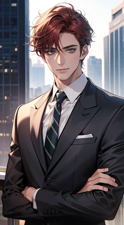 (Highest quality,4K,8K,High resolution,masterpiece:1.2),Super detailed,(Realistic,photoRealistic,photo-Realistic:1.37),1 person,31 years old,Mature Men,Beautiful skin、very handsome,Expressionless smile in love,Short gray red hair,green eyes,Sharp Eyes,A perfect face without a doubt,Businessman,Office Background,Cinema Lighting,HDR image,tie、