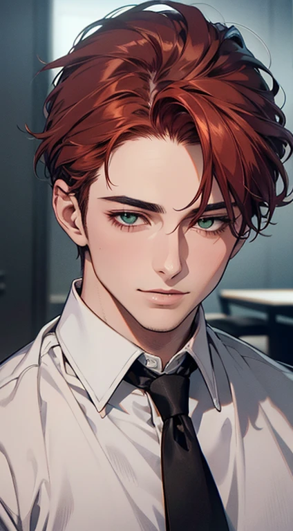 (Highest quality,4K,8K,High resolution,masterpiece:1.2),Super detailed,(Realistic,photoRealistic,photo-Realistic:1.37),1 person,31 years old,Mature Men,Beautiful skin、very handsome,Expressionless smile in love,Short gray red hair,green eyes,Sharp Eyes,A perfect face without a doubt,Businessman,Office Background,Cinema Lighting,HDR image,tie、