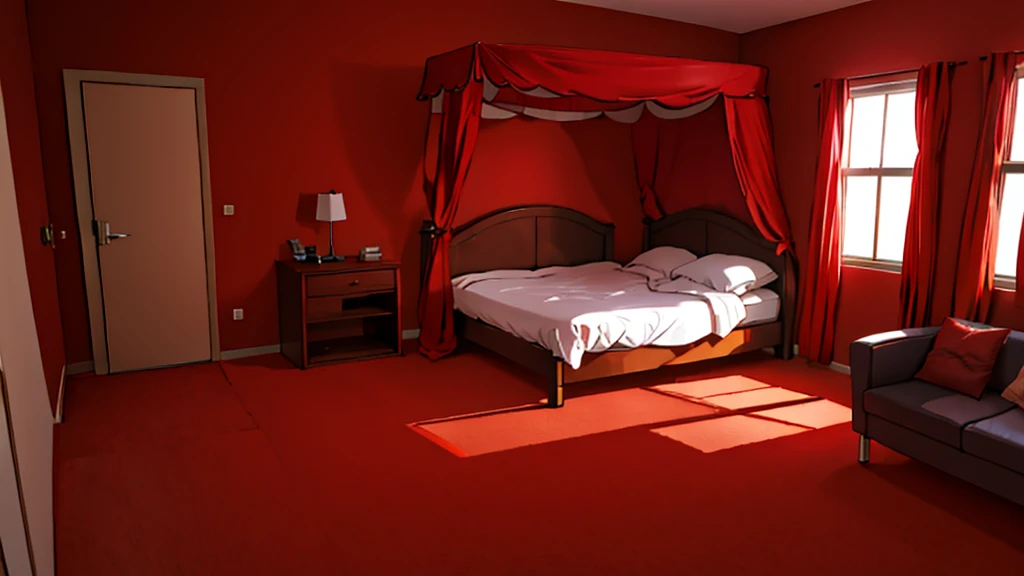 a red bedroom at night, no people, no persons