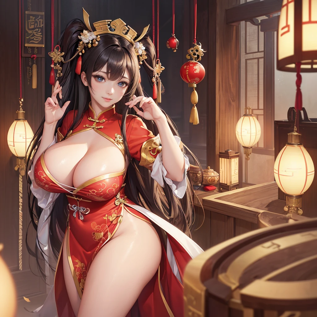 Highly detailed CG unit 8k wallpaper, masterpiece, High resolution, highest quality, highest quality real texture skin, Super Real, Digital Painting, Best image quality, 最High resolution, 8k, ((Highly detailed eyes and face)), 1girl, Beautiful eyes every detail, Full Body Shot, focus, Put your chest close, chinese style embroidery, china dress, slit, Thighs, ((disproportionate breast breasts, saggasts, Cleavage, g breasts,reasts, Gravity-depbreasts, long ceavy chest, erect nipple)), your eyes, smile, ((Diao Chan, Thingdom lewd, Prostitute, Lady of Court, kimono, china dress,
