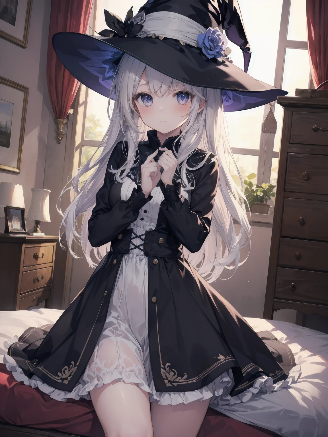 masterpiece, illustration, super detailed, kawaii, one girl, solo, witch in super cute pose, bed room, cowboy shot  ,sfw, Dynamic angle