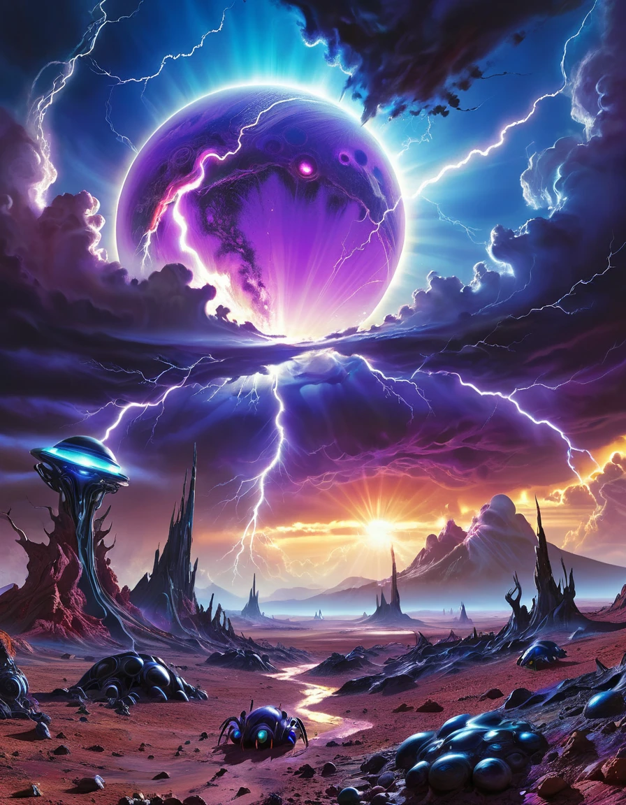 Make a photorealistic digital image of the surface of an alien planet, strange colors and hues color the landscape in a cacophony of color, strange alien creatures can be seen roaming the landscape, an enormous blue and purple sun dominates the sky, black bolts of lightning in the air, 16K, epic detail, epic composition, sci-fi.