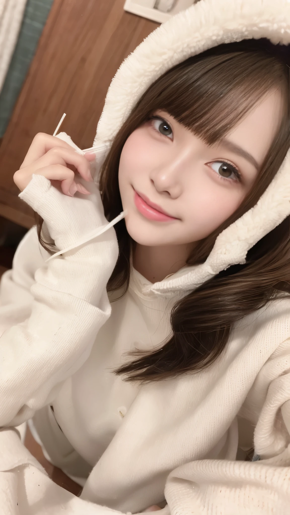 cute 21 year old japanese、Drink coffee in a café、Nice café、super detail face、pay attention to details、double eyelid、beautiful thin nose、sharp focus:1.2、Beautiful woman:1.4、(light brown hair,short hair、),pure white skin、highest quality、masterpiece、ultra high resolution、(Photoreal:1.4)、Highly detailed and professional lighting、nice smile、Show the whole body、Cute winter clothes、