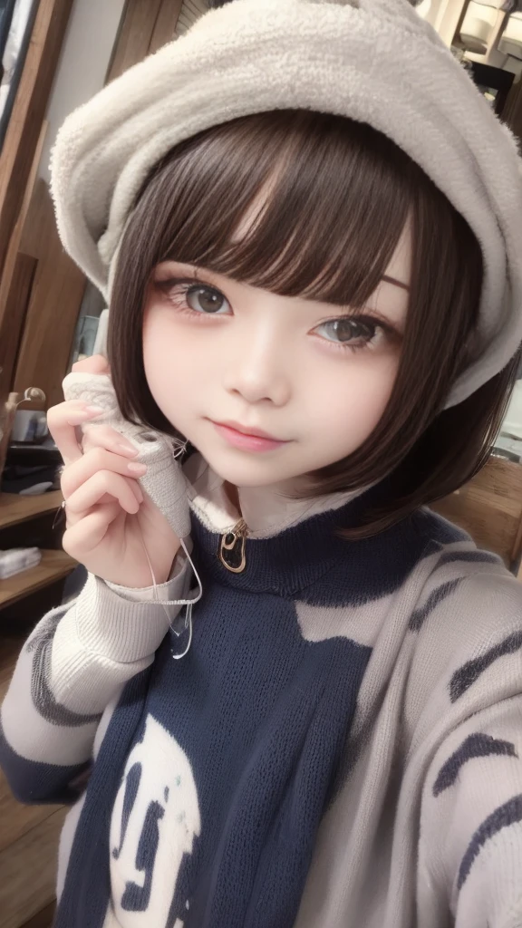 cute 21 year old japanese、Drink coffee in a café、Nice café、super detail face、pay attention to details、double eyelid、beautiful thin nose、sharp focus:1.2、Beautiful woman:1.4、(light brown hair,short hair、),pure white skin、highest quality、masterpiece、ultra high resolution、(Photoreal:1.4)、Highly detailed and professional lighting、nice smile、Show the whole body、Cute winter clothes、
