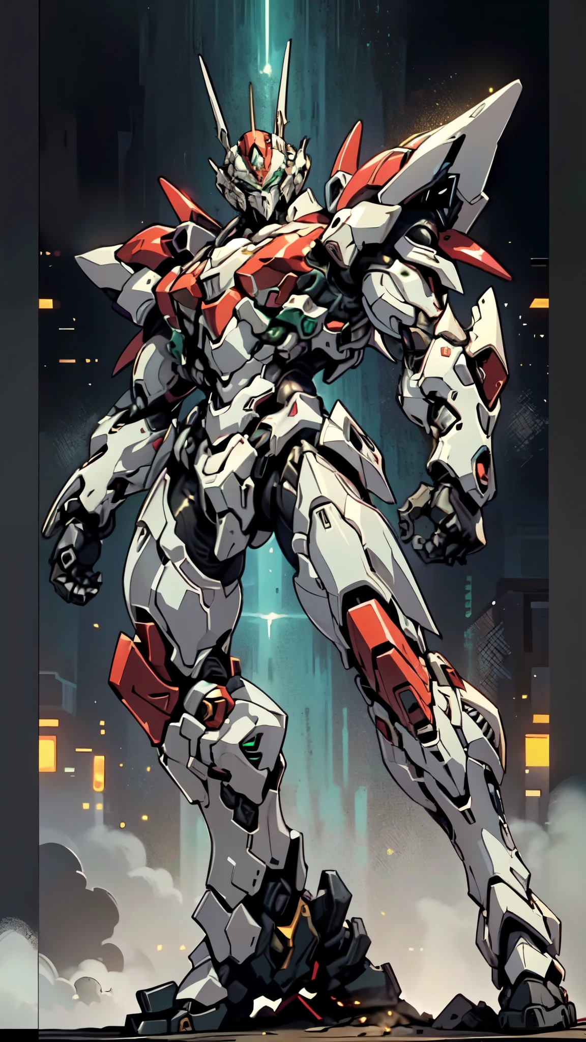 (masterpiece:1.5, best quality:1.5, extremely delicate:1.5, foreshortening:1.5, dynamic angle:1.5), a man wearing a full-face helmet, a fantasy-style biotech armored combat suit, green eyes, (a composite layered chest armor), fully enclosed shoulder guards, matching arm and leg guards, belt of Neon circuit, (the color scheme is primarily white with red green accents), the design balances heavy with agility, a high-tech bio-mecha armor, (Armor Concept Inspired by neon Cyberpunk, stand on the top of a skyscraper in a futuristic sci-fi city), this character embodies a finely crafted fantasy-surreal style armored hero in anime style, exquisite and mature manga art style, (element, plasma, energy, the armor glows), ((male:1.5)), metallic, high definition, highres, ultra-detailed, ultra-fine painting, professional, perfect body proportions, golden ratio, anatomically correct, symmetrical face, extremely detailed eyes and face, high quality eyes, creativity, RAW photo, UHD, 32k, Natural light, cinematic lighting, masterpiece-anatomy-perfect