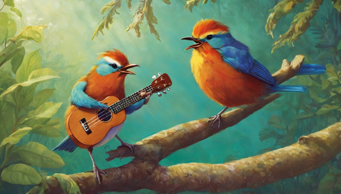 Bird playing Ukulele, by Genevieve Naylor 