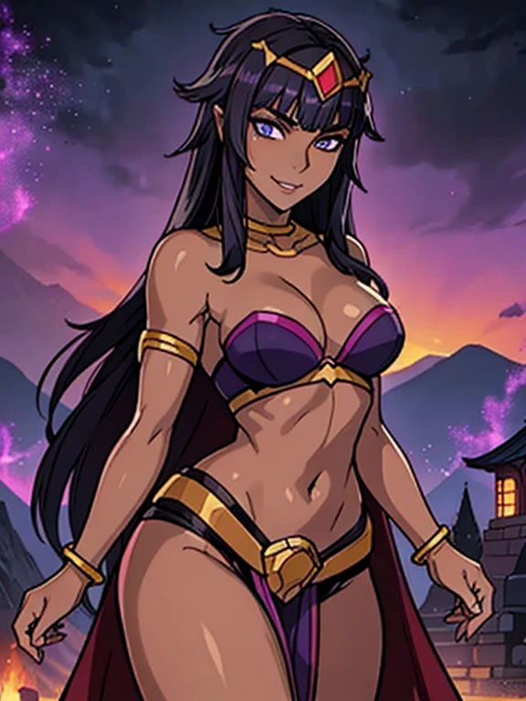 (best quality:1.3), (4K quality),masterpiece, best quality, high res, detailed, vibrant colors, (Detailed face:1.2), (Detailed eyes:1.2), (Perfect figure:1.2), Fantasy style, Fantasy environment solo, 1girl, 25 year old woman, sorceress, (Dark skin:1.5), purple hair, wavy hair, long hair, purple eyes, mascaras purple eyeshadow, smile, purple lipstick, skin covered in purple markings, medium breasts, waist, slender legs, attractive body, slim figure, perfect shape, (Wearing:golden headpiece, purple strapless top, purple loincloth, pelvic curtain, golden armlets), looking at viewer with an amused smile, both hands glowing bright purple, purple magic, bright purple sparks in both hands, BREAK (Night time, outdoors, dark clouds in the sky, purple lighting, stone temple, stone structures, on the mountain top, gorgeous view of the mountains)
