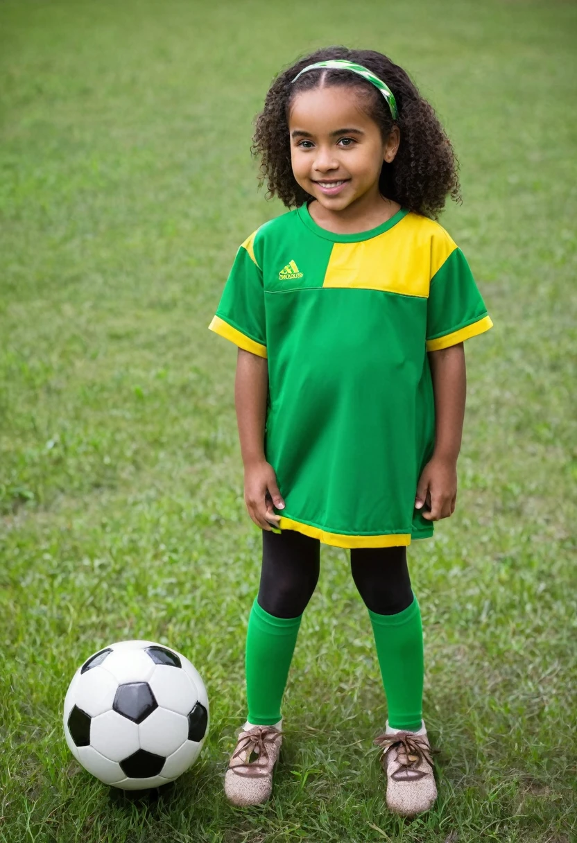 girl with green and yellow sports soccer set, holding a soccer ball