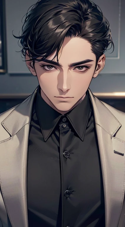 (best quality, masterpiece, 8K, photorealistic, cinematic lighting, 1:4 hdr image, top view, ultra detailed, beautiful image), a mature man, very handsome, short black hair, black eyes, perfect face without errors , ((buttoning his jacket, CEO))