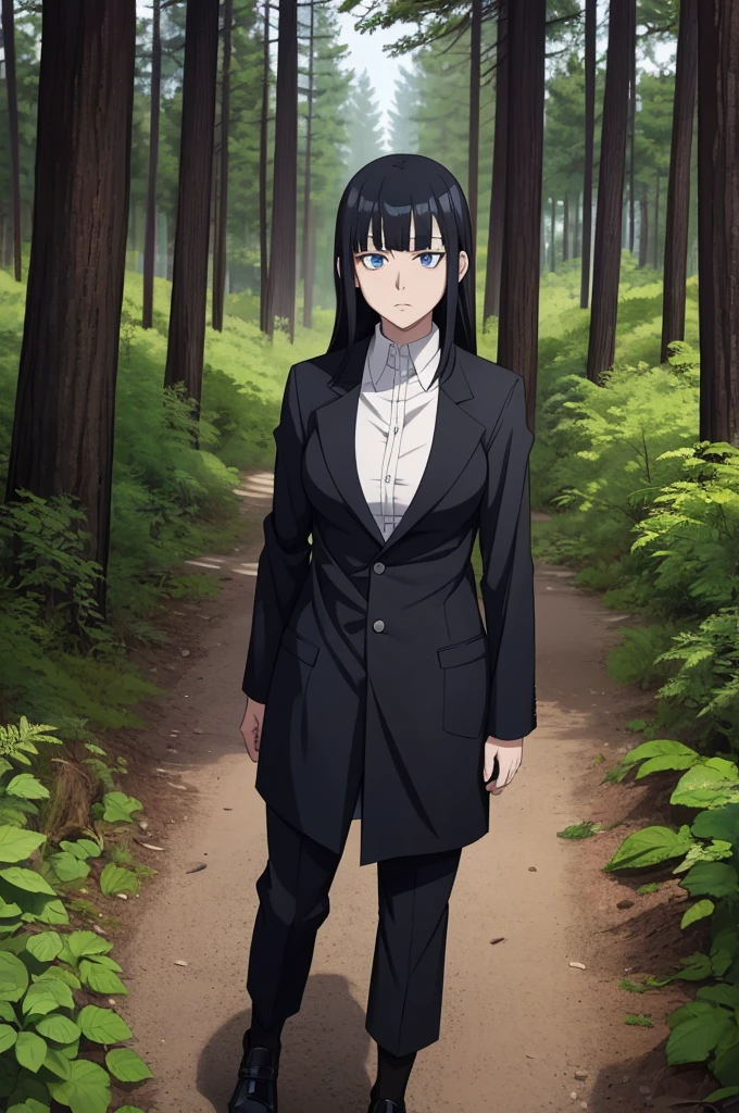 jujutsu kaisen screenshot of a woman with long straight black hair, with straight bangs, with slanted and small blue eyes, In a forest,with mature face, season 2, and with the jujutsu kaisen uniform